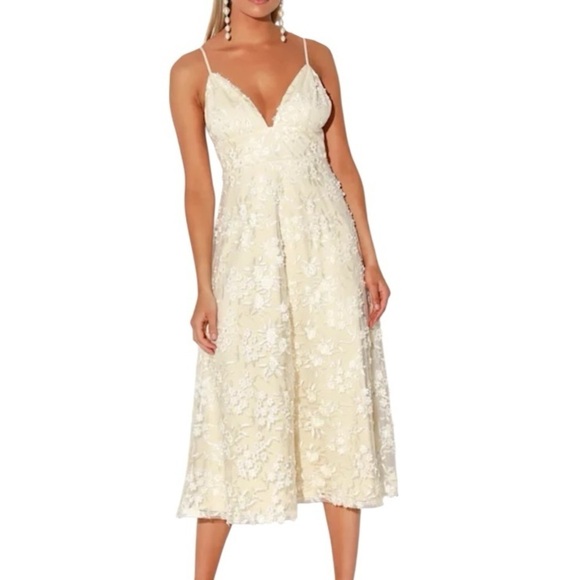 LULUS Flourishing Kiss Cream Floral Embroidered Floral Lace Midi Dress EC Sz L - Picture 2 of 10